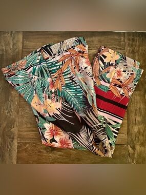 Zara Basic Tropical Print Pants in Black, Teal and Pink